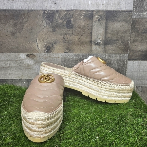 GUCCI Charlotte Matelasse gold GG Marmont logo platform espadrille jute mule - Picture 9 of 14